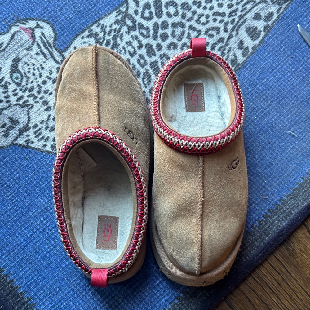 Used UGG Kids Brown Suede Slippers with Red Accents